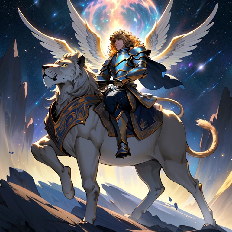 Angelic Paladin, riding majestically on a lion, traverses the vast expanse of space in this high-resolution, maximized image. The Paladin's angelic features contrast beautifully against the dark backdrop of the cosmos. His armor, gleaming with a divine glow, catches the light from distant stars and galaxies. The lion's mane flows in the nonexistent space wind, its golden fur shimmering as if dusted with stardust. This ethereal scene is an unparalleled masterpiece, worthy of adoration, in 4k and beyond resolution.
