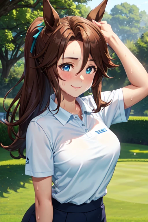 (High quality, High resolution, Fine details), Realistic, super creek \(umamusume\), woman, golf player, garden, green grass,sporty, athletic physique, confident expression, professional golfer, elegant pose, fashionable outfit, sunlight, leaves rustling in the wind, leisurely atmosphere, scenic beauty, summer morning, solo, curvy women, sparkling eyes, (Detailed eyes), (smile), blush, (Sweat), (Oily skin), shallow depth of field