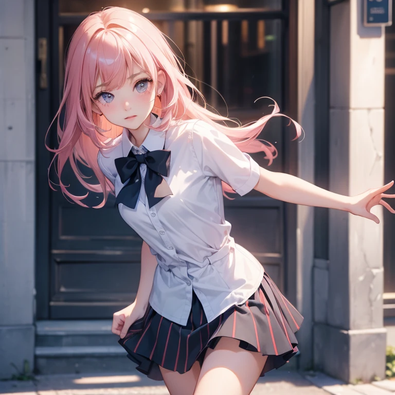 Highly detailed CG Unity 8k wallpaper、highest quality、Super detailed、masterpiece、practical、Photorealism、very detailed cute girl、(high school girl)、Miniskirt 、((Lift up your skirt))、（You can see your genitals）blushing with shame、Looking at the audience、Half-body photo、On a street corner where many people gathered、(((Showing off genitals )))、((Vertical stripes and a shaved pussy))