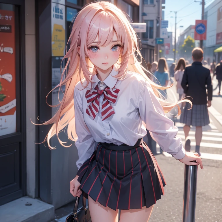 Highly detailed CG Unity 8k wallpaper、highest quality、Super detailed、masterpiece、practical、Photorealism、very detailed cute girl、(high school girl)、Miniskirt 、((Lift up your skirt))、（You can see your genitals）blushing with shame、Looking at the audience、Half-body photo、On a street corner where many people gathered、(((Showing off genitals )))、((Vertical stripes and a shaved pussy))