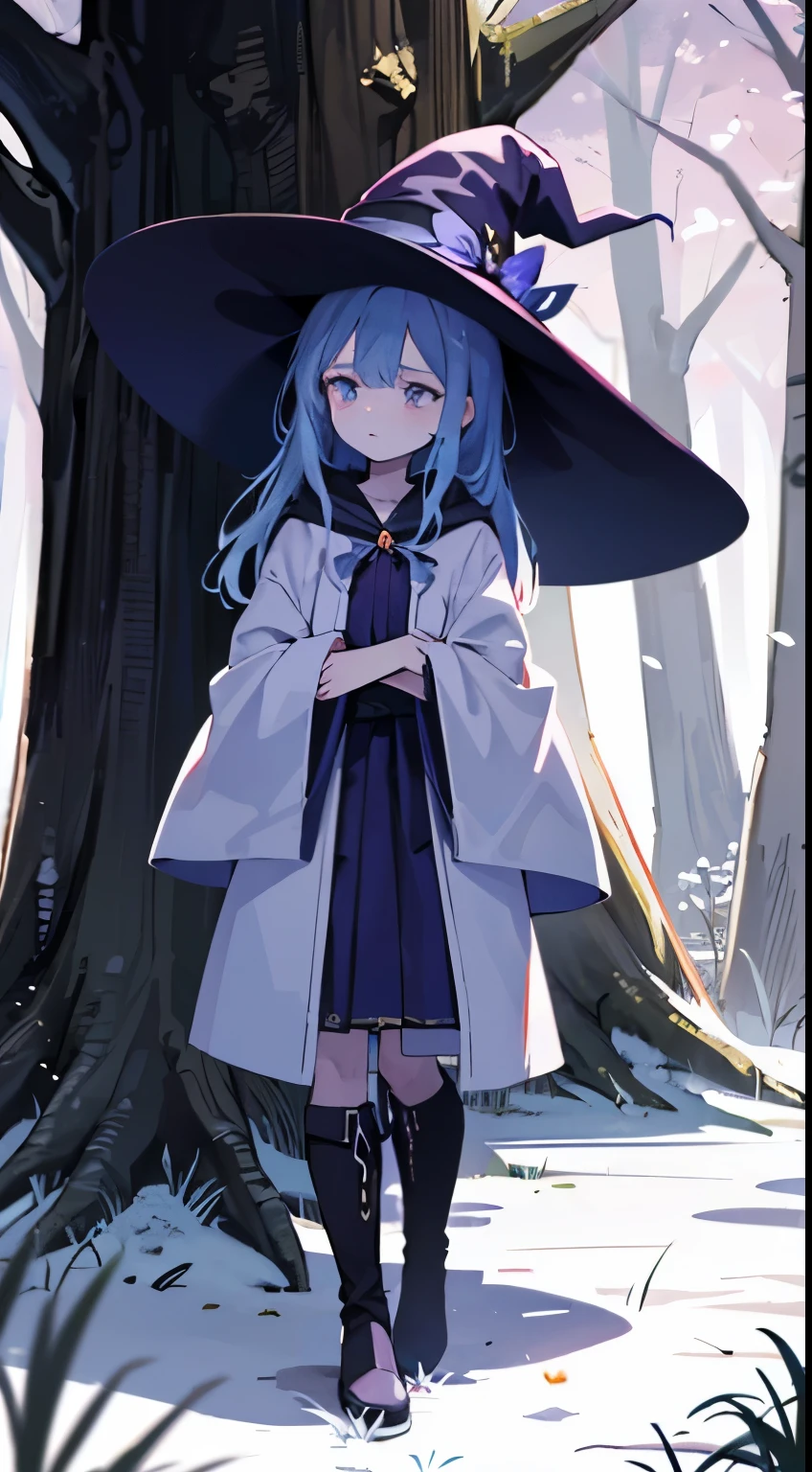 (best quality), (masterpiece), (detailed), 8K, Adorable animated style illustration of a (lost young witch1.2) leaning against a (tree1.2) with a (worried expression1.1). She is dressed in an (iconic witch costume1.2) complete with (pointed hat1.1), (flowing robe1.1) and (chunky boots1.1). The (scene1.3) is set in an (enchanted forest1.3) with (twilight1.2) lighting, creating a (mysterious ambiance1.2). The (background1.1) is filled with vibrant and (whimsical foliage1.2), with (glowworms1.2) providing a soft light amidst the (ancient trees1.2). The (composition1.1) is a (close-up1.1) to emphasize the witch's (emotional state1.2). The (color palette1.1) is (warm and inviting1.1) with (hints of magical purple1.2), fitting for a (fantasy adventure1.2), reminiscent of Studio Ghibli's storytelling.