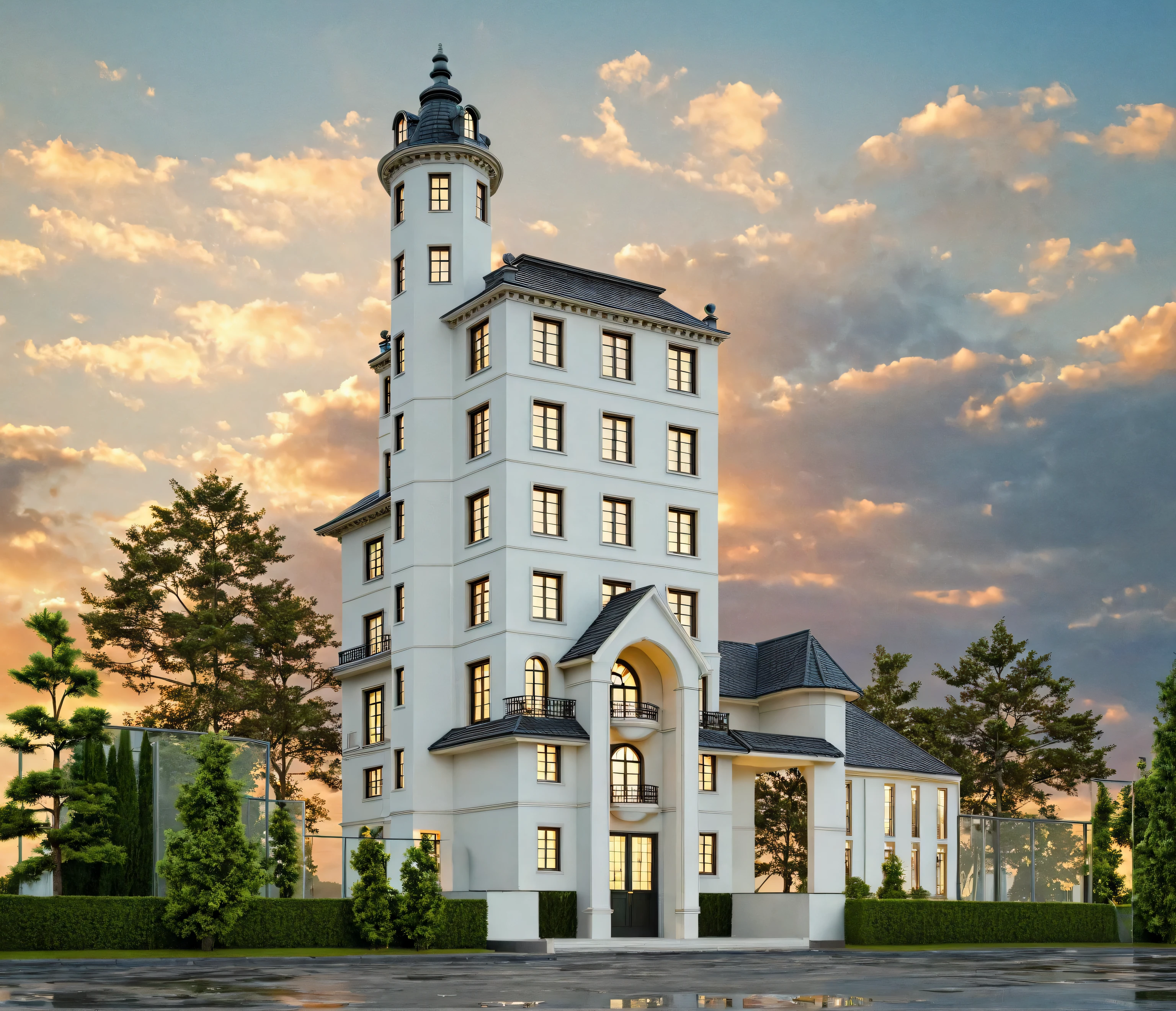 Masterpiece, high quality, best quality, authentic, super detail, outdoors, villa style neoclassic, bietthuhn, white wall, glass windows, gate road, pavement, grass, trees, blue sky, sunset, cloud, (day:1.1), realistic lighting