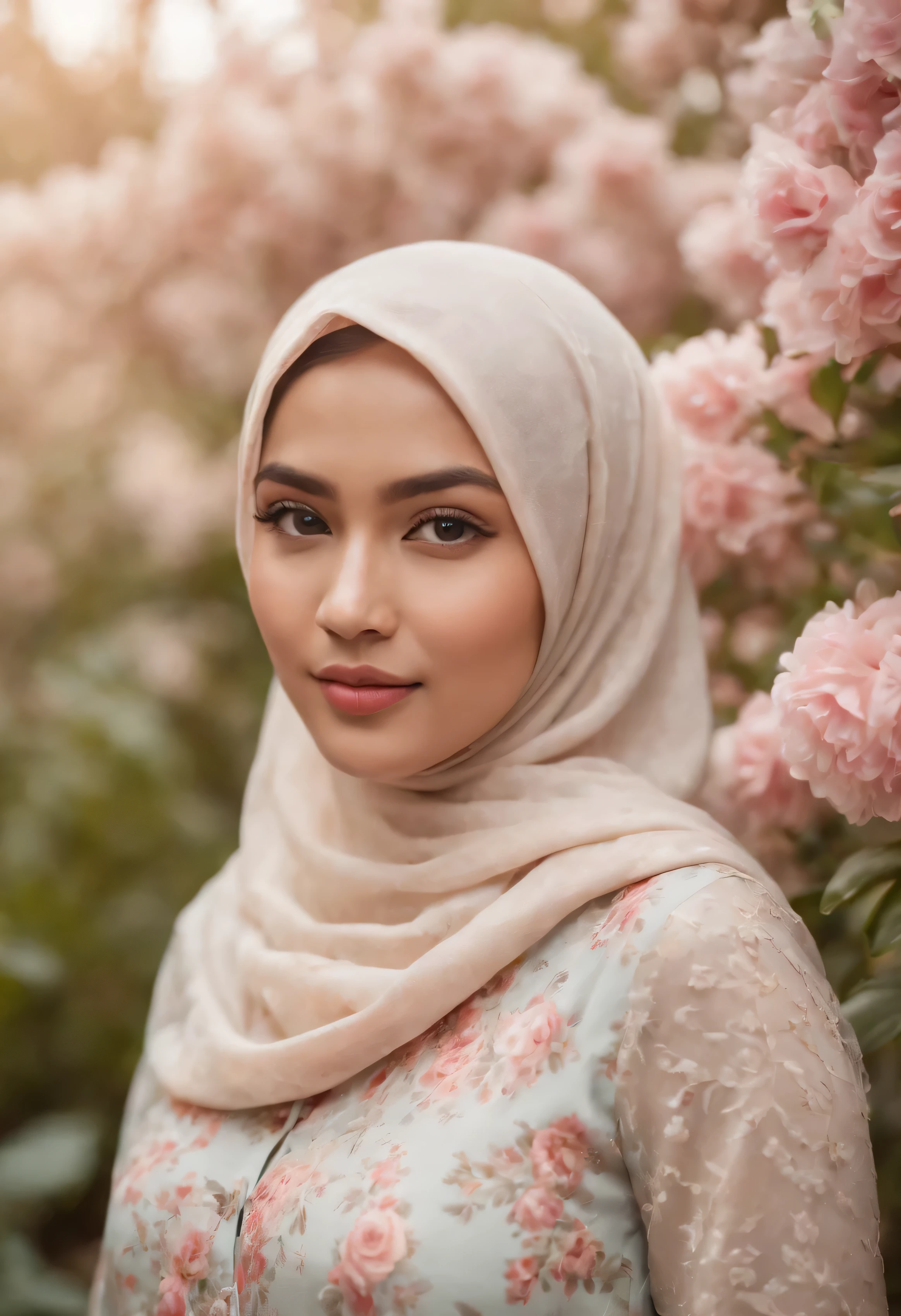 Photo of a young bookish Malay woman wearing a hijab walking in a flower garden, the woman wearing a pastel floral patterned baju baju baju baju, surrounded by a comfortable, cool atmosphere, looking at the viewer. (Skin details:1.3), hairy hands, Hijab, slim, red lips, seductive with bokeh camera background