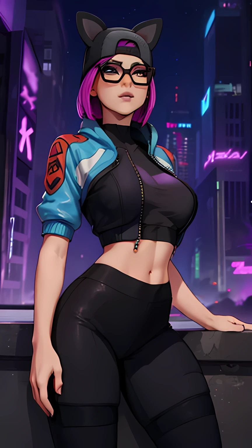 lince Cyberpunk , gorra , shorts negro con leggins Azul Marino, chaqueta azul marino ,Extremadamente detallado, rostro detallado, gafas ,hermoso rostro, ojos finos, mirando al espectador, pose femenino, Noche