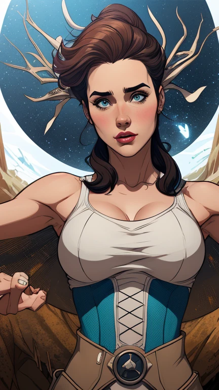 Personagem mulher estilo old west  Jennifer Connelly le com marcas de guerras Imagem de desenho animado de uma mulher .Ilustra??o estilo desenho animado, estilo de arte dos desenhos animados, estilo de arte dos desenhos animados, digital illustration style, estilo atompunk design de personagens altamente detalhado, arte digital detalhada coragem, Forest fan art, Design de personagens de retrato, beautiful digital illustration, retrato de alta qualidade, Arte em quadrinhos, mulher jovem cabelo com transas lindas . Queen Anna of ArendelleBeautiful lined eyes Medium large bust and wonderful sexy clothes. image expression of sexual desire from waist to head illustration Queen Anne of Arendelle atompunk style Fallout 4 The perspective is from below, enfatizando a majestade e o poder da Gigante." Jason 