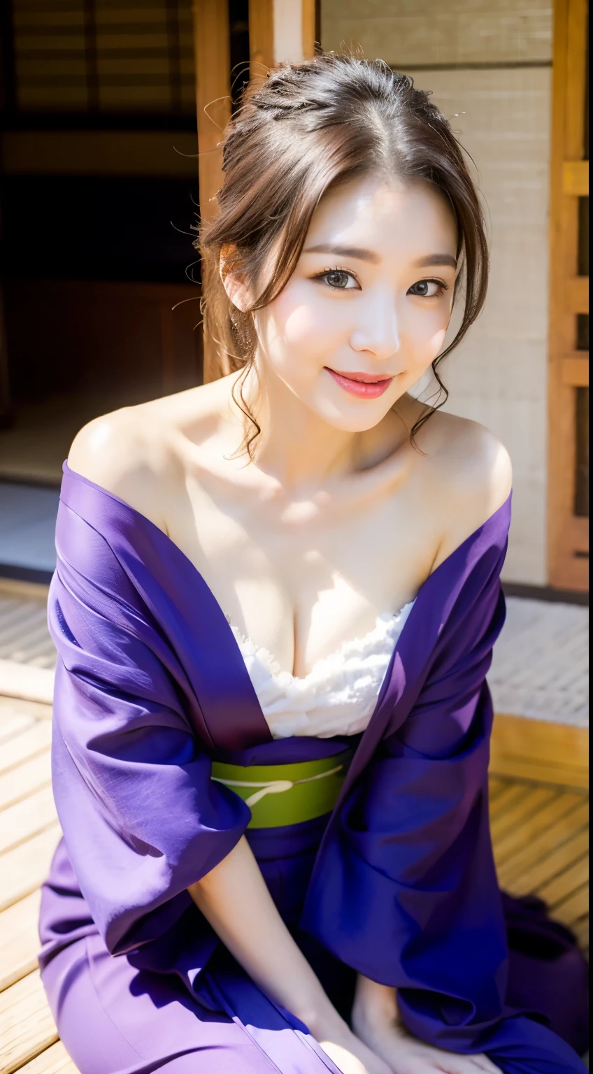 ulzzang-6500-v1.1, (Raw photo:1.2), (Photorealistic), (Genuine:1.4), (Mastepiece), there is a woman In kimono Sitting on the floor, in kimono, Blatant shoulders、clavicle、Mature Woman, wear Kimono, Beasts, Flower Hair Ornaments, yukata, In kimono, Japanese style, wearing a haori, mitsumayo, Japanese hairstyle、Mysterious Smile、Eyeliner、Makeup、