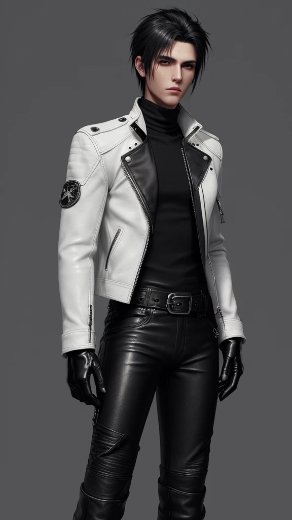 Final Fantasy-style graphics, young, Cute and cool Japanese boys, Thin eyebrows and big eyes, He is wearing a shiny white single-breasted leather jacket...。Biker style leather jacket、 with epaulettes, The jacket is zipped up, The jacket pockets are black., The jacket has a high stand-up collar with a belt, Also wearing a black turtleneck, black leather pants, Thin black leather gloves on both hands, Black leather knee-high lace-up boots, Show me your whole body from head to toe, Final Fantasy Style、((good looking))、((Clear eyes and nose))、((Shiny white single leather jacket))、((The jacket must be white))((The jacket has epaulettes))、((The jacket has a high stand-up collar and a belt.))、((The jacket has a black pocket))、((Black turtleneck shirt))、((Shiny black leather pants))、((Shiny black leather gloves on both hands))、((Black lace-up leather long boots))、((View the whole body image from a distance))、Realistic image quality and texture、、close your eyes、A kind smile、((The jacket is closed with a zipper))、((No exposed skin below the neck))