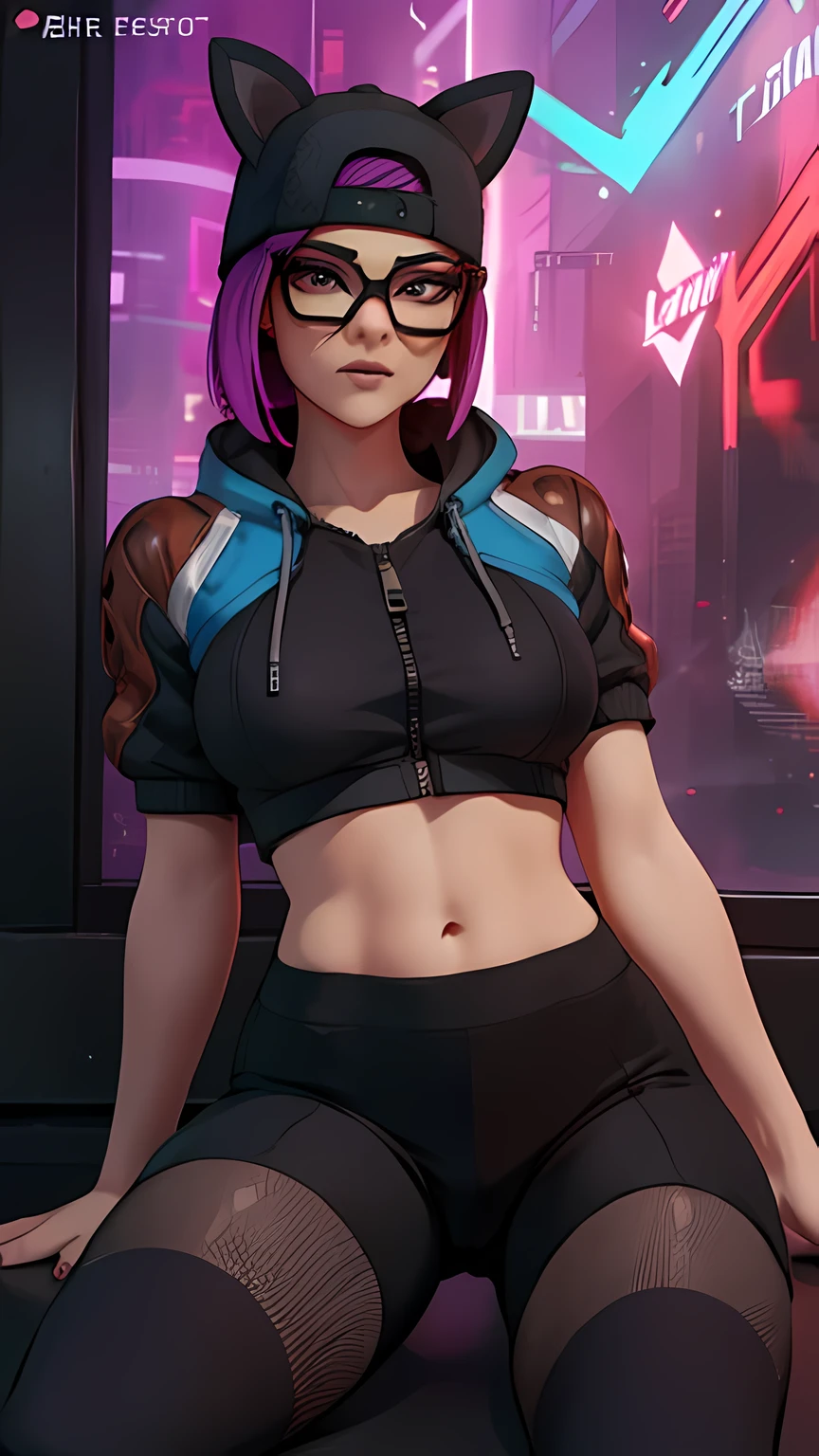 lince Cyberpunk , gorra , shorts negro con leggins Azul Marino, chaqueta azul marino ,Extremadamente detallado, rostro detallado, gafas ,hermoso rostro, ojos finos, mirando al espectador, pose femenino, Noche 