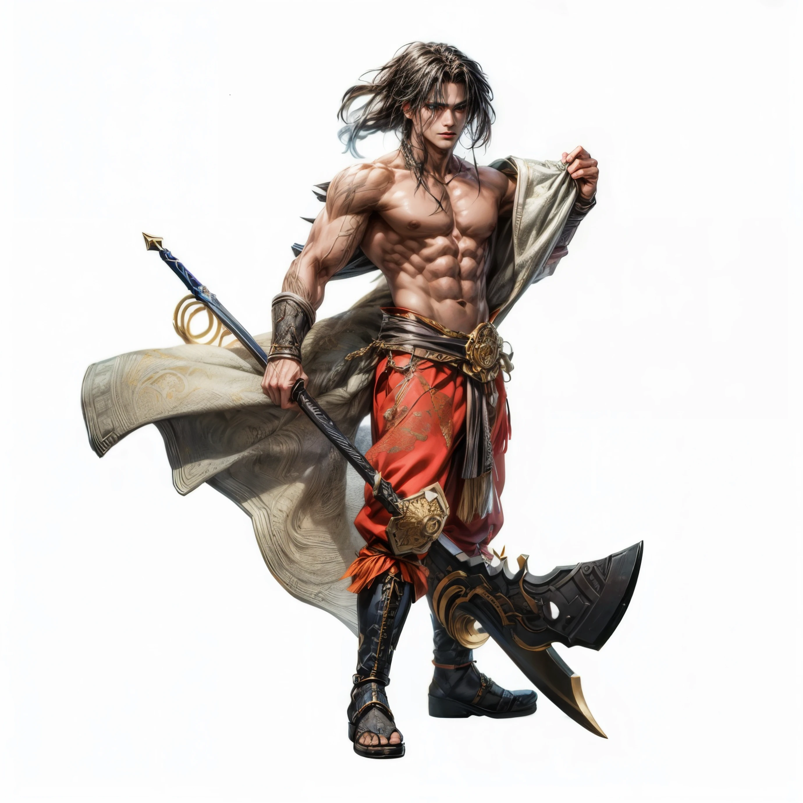 (absurdres, highres, ultra detailed, HDR), masterpiece, intricate details, best quality close-up picture of a character from suikoden, a character with handsome looks, korean face, original hair, short hair, anime blue eyes, smirking face, matured teen, tim Burton theme, topless outfit showing chest, crop top, detailed underworld town setting background, big moon scenery, detailed character, art kenouji, arafed male with a sword and a shield in his hand, 3 d render character art 8 k, barbarian, yasuke 5 0 0 px models, conan, picture of an adult male warrior, fighting game character, hybrid from dynasty warriror, ne zha from smite, male barbarian, male warrior, fantasy character octane render, barbarian warrior, highly detailed character