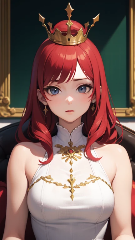 ((best quality)), ((masterpiece)), (detailed), perfect face, queen, castle, red hair, sitting, long hair, long dress, tall
