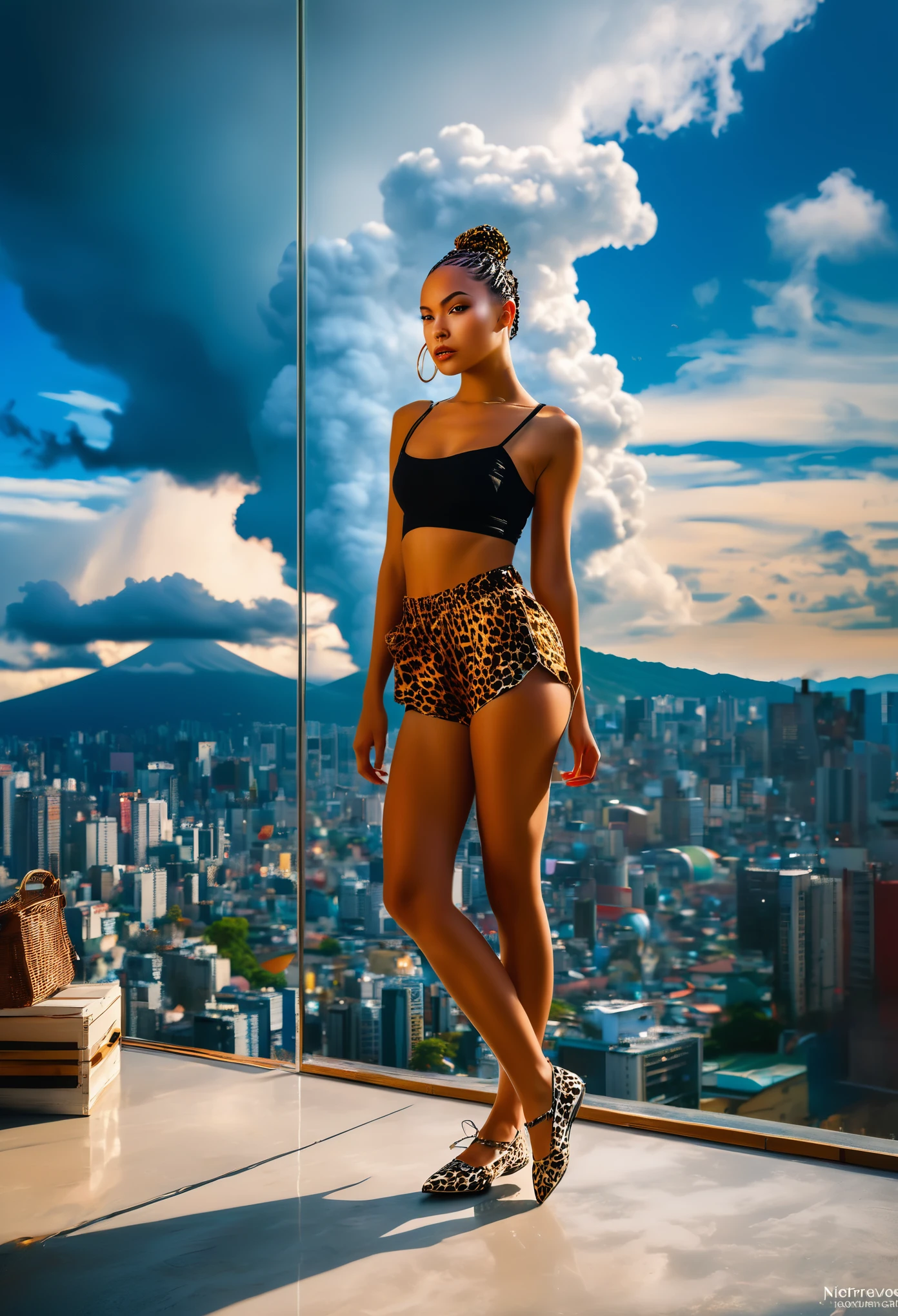 bellissima,a girl pixie hair shaved hair,Box braids,Silver,Shoes Leopard print ballet flats with a pointed toe.,Dutch angle shot,vibrant cities of Japan blend modernity with tradition in a unique way,Stormy sky with dark swirling clouds,Antiquity,alberto seveso art,water ink,colorful cloud,loose painting style,intricate detail,octane render,8K,volumetric lighting,bokeh effect film effect highly intricate detail cinematic real aesthetic very fine elegant sharp focus creative positive light artistic cheerful rational new pleasant lovely,style by Jean-Pierre Jeunet,extremely beautiful masterpiece contest winner Ultra Detailed Highres,Kodak Ektachrome E100,hard light, low angle shot