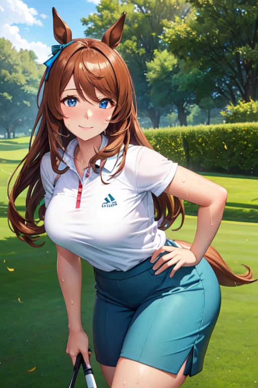 (High quality, High resolution, Fine details), Realistic, Super Creek \(umamusume\), woman, golf player, garden, green grass,sporty, athletic physique, confident expression, professional golfer, elegant pose, fashionable outfit, sunlight, leaves rustling in the wind, leisurely atmosphere, scenic beauty, summer morning, solo, curvy women, sparkling eyes, (Detailed eyes), (smile), blush, (Sweat), (Oily skin), shallow depth of field
