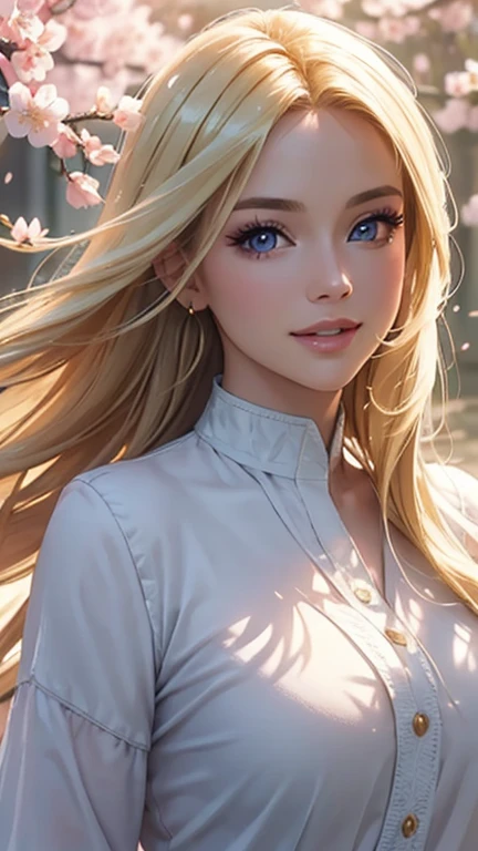 (Best quality,ultra detailed,photorealistic:1.37),bright and rich colors,studio lighting,playful facial expression,stylish makeup,Long blonde hair fluttering in the wind,inviting eyes,glossy lips,sexy pose, cherry blossom, I smile confidently and seductively,posing for a professional photo shoot,shallow depth of field,highlighting the main subject,soft natural lighting,Creating a dreamy and magical atmosphere.