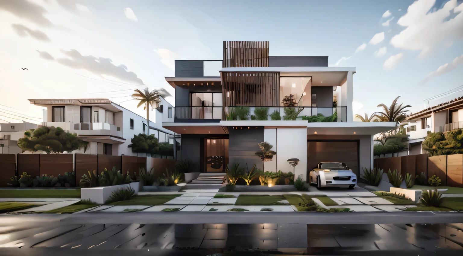rendering of a modern house with a car parked in front, complete house, exterior design, concept house, lumion render, lumion rendering, cg rendering, professional render, rendered in lumion pro, high quality rendering, 3/4 view realistic, realistic render, contemporary house, highly rendered!!, modern house, fully detailed render, realistic 3 d style, frontview
