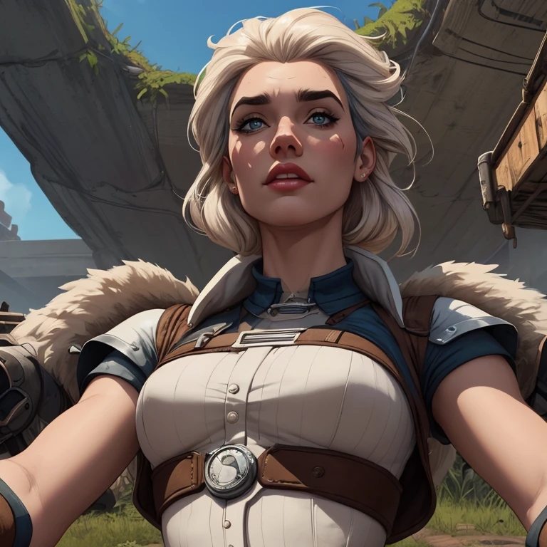 Woman character armed with a .38 revolver in atompunk western style Fallout 4 Jennifer Connelly le with scars of war Cartoon image of a woman .Ilustra??o estilo desenho animado, estilo de arte dos desenhos animados, estilo de arte dos desenhos animados, digital illustration style, estilo atompunk design de personagens altamente detalhado, arte digital detalhada coragem, Forest fan art, Design de personagens de retrato, beautiful digital illustration, retrato de alta qualidade, Arte em quadrinhos, mulher jovem cabelo com transas lindas . Queen Anna of ArendelleBeautiful lined eyes Medium large bust and wonderful sexy clothes. image expression of sexual desire from waist to head illustration Queen Anne of Arendelle atompunk style Fallout 4 The perspective is from below, enfatizando a majestade e o poder da Gigante." armed with a 38 western style revolver with a 38 revolver in her hands 