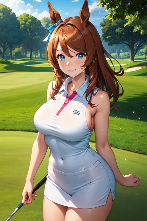 (High quality, High resolution, Fine details), Realistic, Super Creek \(umamusume\), woman, golf player, garden, green grass,sporty, athletic physique, confident expression, professional golfer, elegant pose, fashionable outfit, sunlight, leaves rustling in the wind, leisurely atmosphere, scenic beauty, summer morning, solo, curvy women, sparkling eyes, (Detailed eyes), (smile), blush, (Sweat), (Oily skin), shallow depth of field