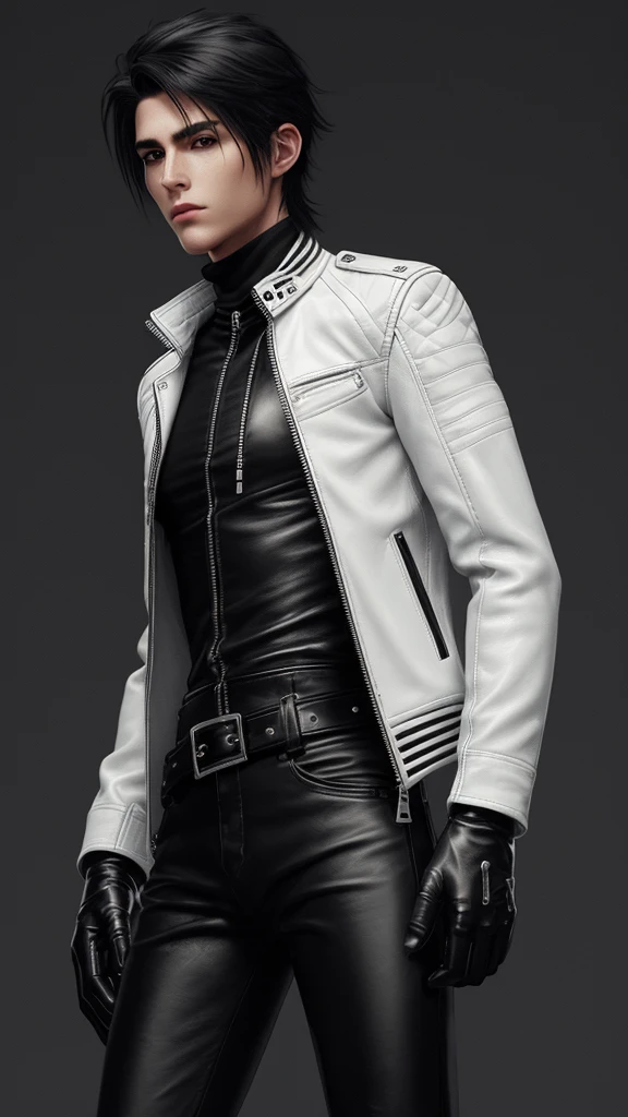 Final Fantasy-style graphics, young, Cute and cool Japanese boys, Thin eyebrows and big eyes, He is wearing a shiny white single-breasted leather jacket...。Biker style leather jacket、 with epaulettes, The jacket is zipped up, The jacket pockets are black., The jacket has a high stand-up collar with a belt, Also wearing a black turtleneck, black leather pants, Thin black leather gloves on both hands, Black leather knee-high lace-up boots, Show me your whole body from head to toe, Final Fantasy Style、((good looking))、((Clear eyes and nose))、((Shiny white single leather jacket))、((The jacket must be white))((The jacket has epaulettes))、((The jacket has a high stand-up collar and a belt.))、((The jacket has a black pocket))、((Black turtleneck shirt))、((Shiny black leather pants))、((Shiny black leather gloves on both hands))、((Black lace-up leather long boots))、((View the whole body image from a distance))、Realistic image quality and texture、、close your eyes、A kind smile、((The jacket is closed with a zipper))、((No exposed skin below the neck))