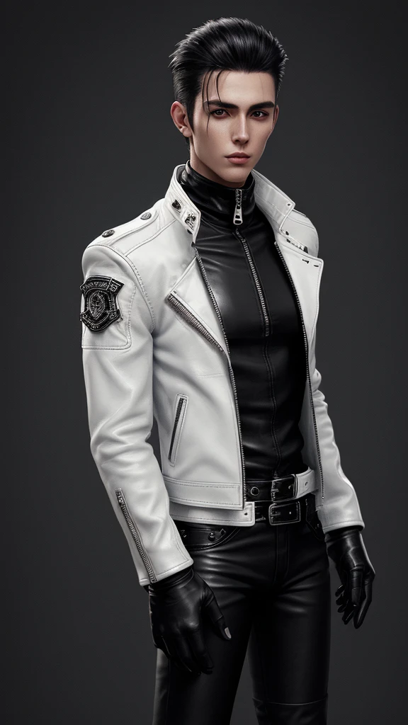 Final Fantasy-style graphics, young, Cute and cool Japanese boys, Thin eyebrows and big eyes, He is wearing a shiny white single-breasted leather jacket...。Biker style leather jacket、 with epaulettes, The jacket is zipped up, The jacket pockets are black., The jacket has a high stand-up collar with a belt, Also wearing a black turtleneck, black leather pants, Thin black leather gloves on both hands, Black leather knee-high lace-up boots, Show me your whole body from head to toe, Final Fantasy Style、((good looking))、((Clear eyes and nose))、((Shiny white single leather jacket))、((The jacket must be white))((The jacket has epaulettes))、((The jacket has a high stand-up collar and a belt.))、((The jacket has a black pocket))、((Black turtleneck shirt))、((Shiny black leather pants))、((Shiny black leather gloves on both hands))、((Black lace-up leather long boots))、((View the whole body image from a distance))、Realistic image quality and texture、、close your eyes、A kind smile、((The jacket is closed with a zipper))、((No exposed skin below the neck))