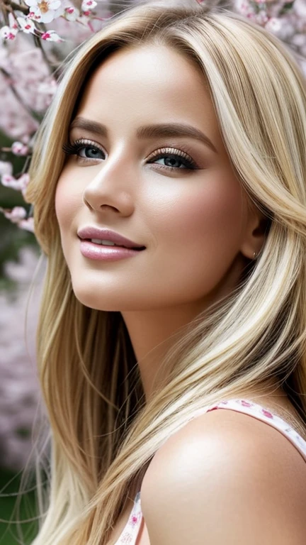 (Best quality,ultra detailed,photorealistic:1.37),bright and rich colors,studio lighting,playful facial expression,stylish makeup,Long blonde hair fluttering in the wind,inviting eyes,glossy lips,sexy pose, cherry blossom, I smile confidently and seductively,posing for a professional photo shoot,shallow depth of field,highlighting the main subject,soft natural lighting,Creating a dreamy and magical atmosphere.