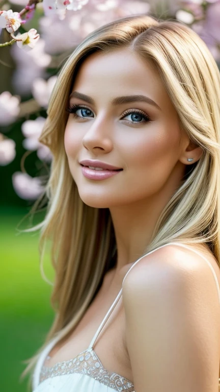 (Best quality,ultra detailed,photorealistic:1.37),bright and rich colors,studio lighting,playful facial expression,stylish makeup,Long blonde hair fluttering in the wind,inviting eyes,glossy lips,sexy pose, cherry blossom, I smile confidently and seductively,posing for a professional photo shoot,shallow depth of field,highlighting the main subject,soft natural lighting,Creating a dreamy and magical atmosphere.