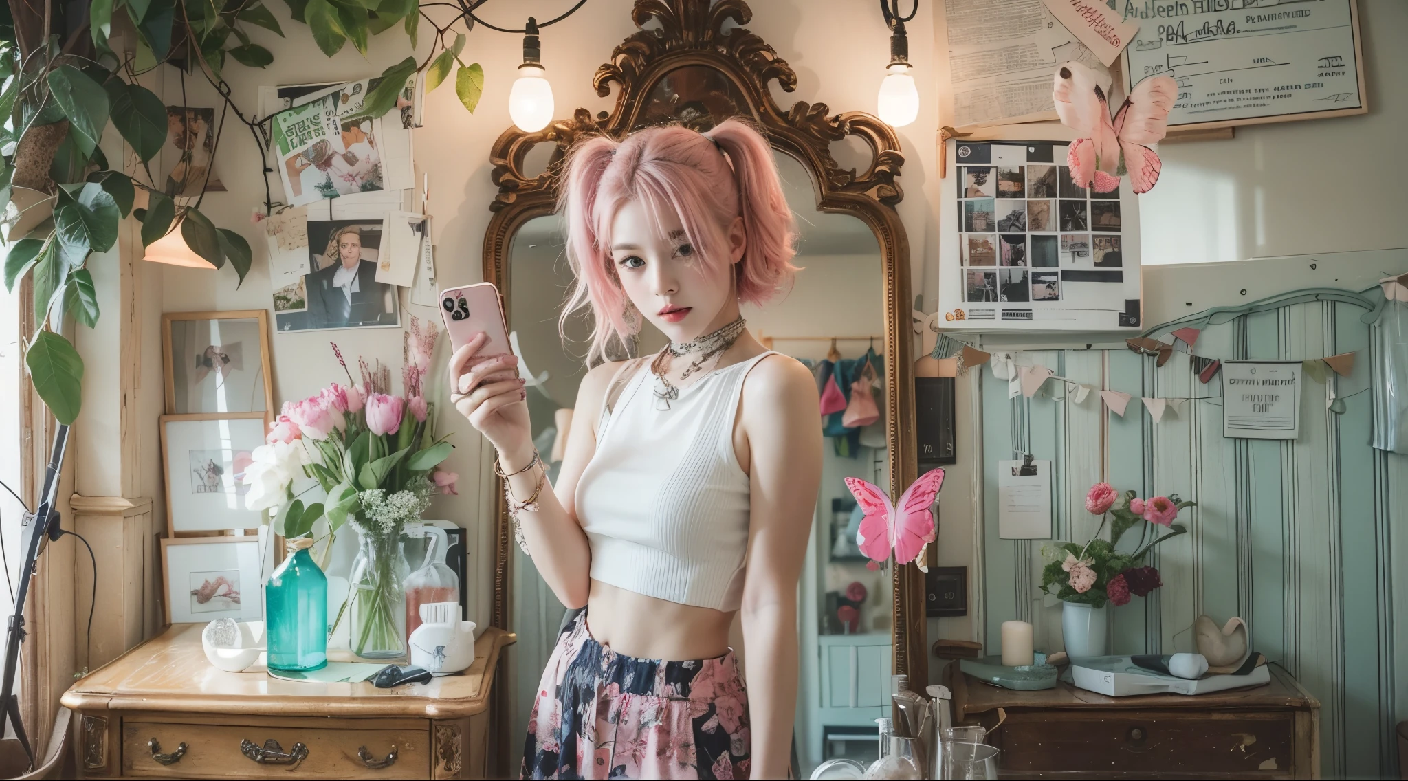 Fashion selfie of a 19-year-old young girl with pink hair and trendy outfits. The background is a retro pictorial background board, a KV background board, a full-length mirror, full of energy