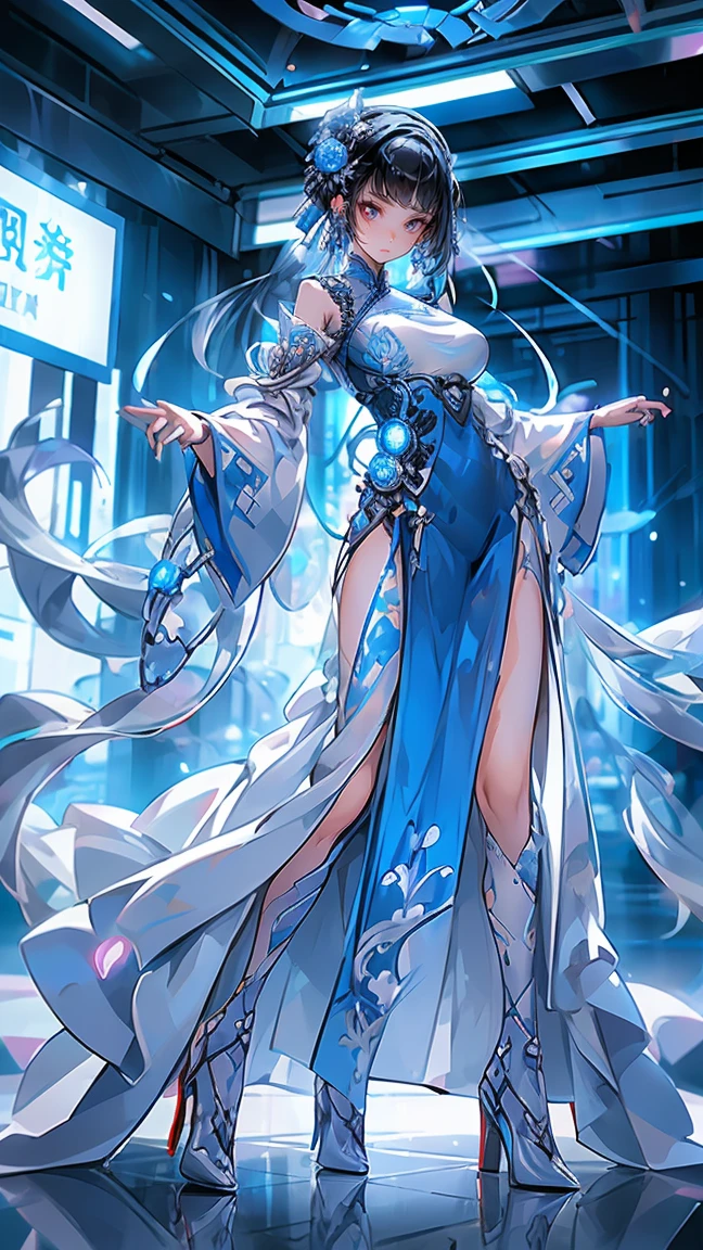 1 girl, chinese_clothes, in white and blue, cyberhanfu, Cheongsam, cyberpunk city, hair ornament, long hair, cyberpunk, a high-tech city, full of machinery and futuristic element, futurism, technology, aqua hair, divine goddess, huge breasts, queen, lace, lace trim, high heels shoes, rose ornament, electric, jewelry, tiara, neon, diamonds, looking at viewer, epic, grand curtains, indoors, dynamic pose, sexy pose, full body 