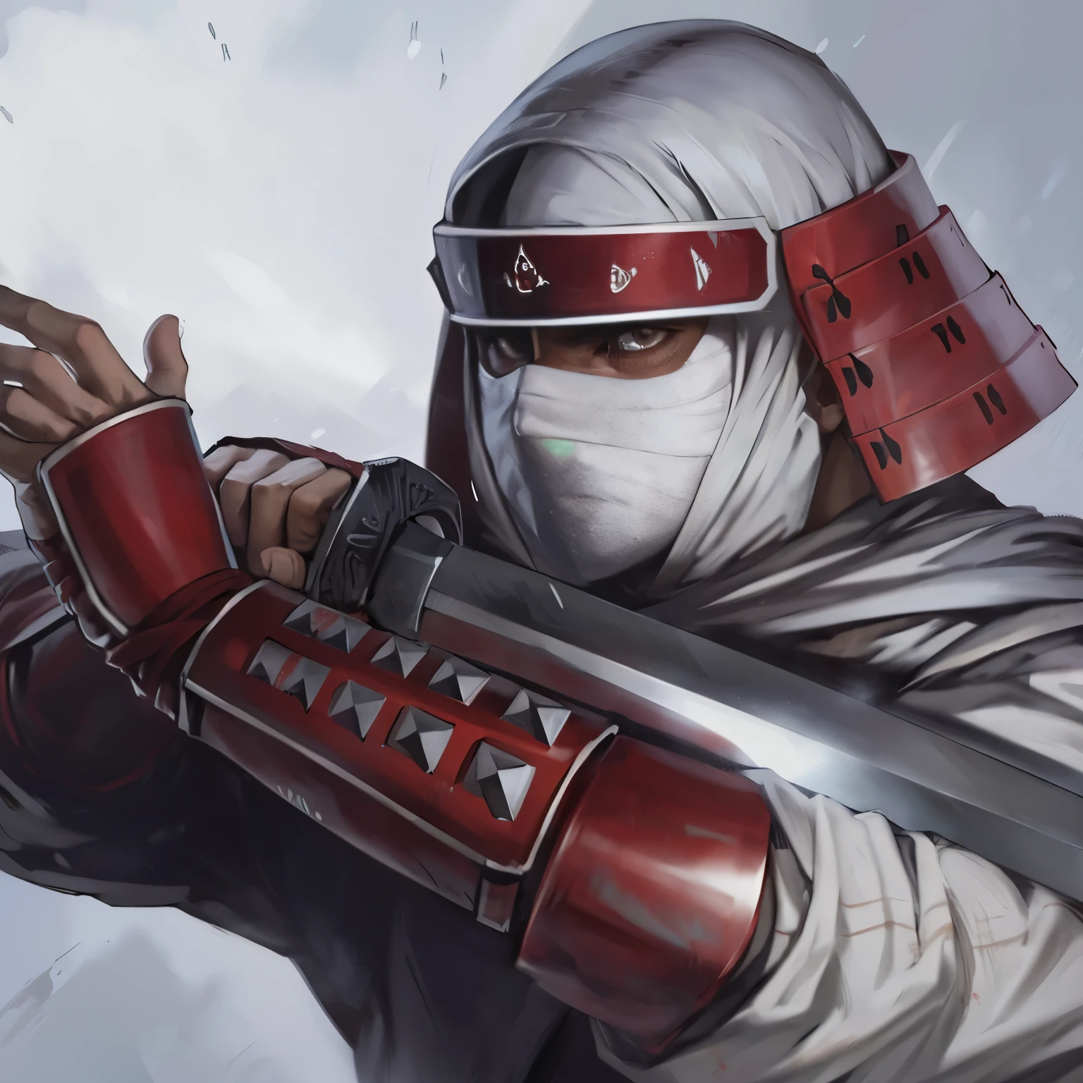 Arafed in a white and red suit with a sword in his hands, inspired by Kano Sanraku, shinobi, inspired by Kano Hogai, Mystical Ninja, red ninja, inspired by Kano Sansetsu, Arabian samurai, epic samurai warrior, samurai jedi, kunai wielder, japanese warrior, MK Ninja