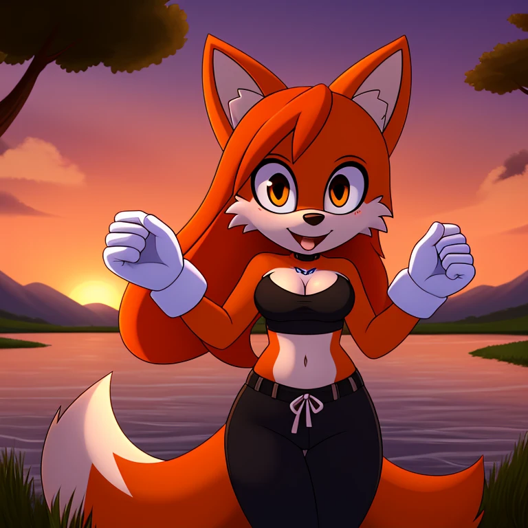 masterpiece, best quality, ultra-detailed, cinematic lighting, beautiful lighting, detailed background, detailed iris, detailed eyes, shading, intricate details, ((sharp, dynamic pose, expressive eyes)), ((4k)), ((2d, 2d art)), digital art, solo, outdoors, 1girl, smile, animal ear fluff, navel, hairband, open mouth, strapless crop top, long hair, animal ears, breasts, cleavage, tree, furry, blush, clothing cutout, fox girl, orange hair, hands up, bangs, cowboy shot, pants, white gloves, animal nose, gloves, fox ears, nature, standing, furry female, happy, water, sunset, looking at viewer, orange fur, forest, ribbon, black pants, black hairband, clenched hands, sky, tail, hair ribbon, fang, midriff, black ribbon, medium breasts, cleavage, fox tail, very long hair, orange eyes, stomach, heart, body fur, river, :3, sidelocks, white fur, shiny, lake, grass, small breasts, cleavage, scenery, fur trim, blonde hair