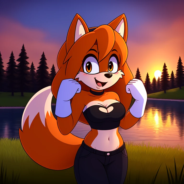 masterpiece, best quality, ultra-detailed, cinematic lighting, beautiful lighting, detailed background, detailed iris, detailed eyes, shading, intricate details, ((sharp, dynamic pose, expressive eyes)), ((4k)), ((2d, 2d art)), digital art, solo, outdoors, 1girl, smile, animal ear fluff, navel, hairband, open mouth, strapless crop top, long hair, animal ears, breasts, cleavage, tree, furry, blush, clothing cutout, fox girl, orange hair, hands up, bangs, cowboy shot, pants, white gloves, animal nose, gloves, fox ears, nature, standing, furry female, happy, water, sunset, looking at viewer, orange fur, forest, ribbon, black pants, black hairband, clenched hands, sky, tail, hair ribbon, fang, midriff, black ribbon, medium breasts, cleavage, fox tail, very long hair, orange eyes, stomach, heart, body fur, river, :3, sidelocks, white fur, shiny, lake, grass, small breasts, cleavage, scenery, fur trim, blonde hair