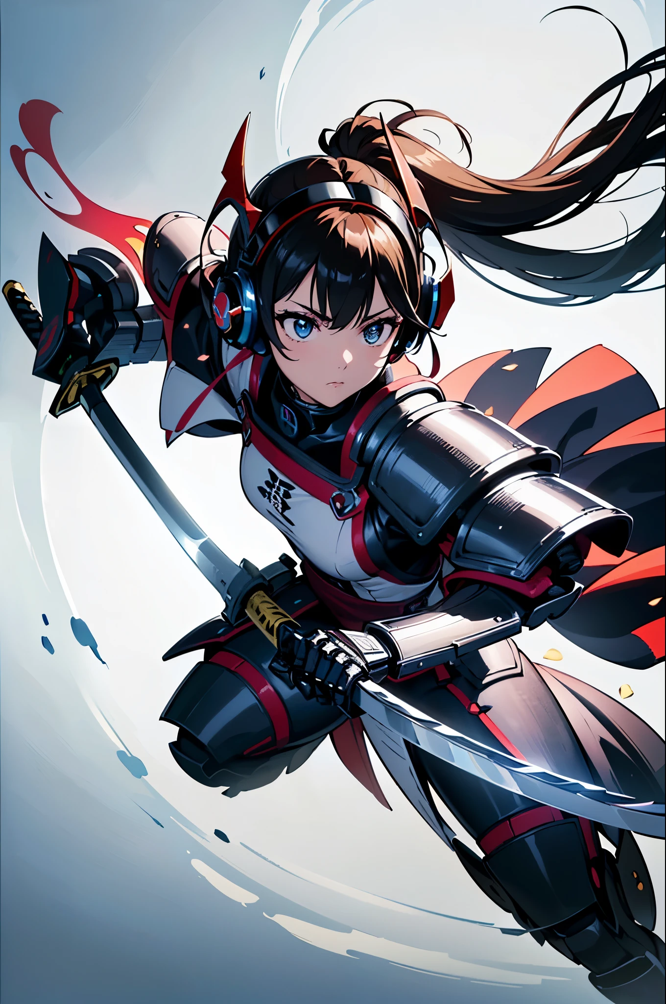 (Dynamic pose:1.2)、Beautiful woman,((extreme close up:1.3))、(((samurai kimono)))、((Cyber Headphones:1.3))、((メカニカルheadgear:1.3))、(((Mechanical Samurai、Machinery Armor))), ((Perfect figure, Beautiful Face, Beautiful Face, Ponytail Hairstyles, Beautiful Skin, Very detailed髪, The finer details)), (((Cinema Lighting, Beautiful lighting effects, Creative Design, Full Body Frame, Divine Aura, hard Harmony , Perfect color change, Perfect contrast balance, Perfect color layers, Perfectly smooth color bleeding, Soft Rendering, smooth color strokes, Optical Lenses, Soft colors, Smooth color blending, Perfect color expression, Harmony, perfect color Harmony, Beautiful colors, soft Harmony, Particles of light, Perfect detail, Intricate details, color prism, The finer details, The finer details))), super high quality, Very detailed,Perfect drawing,alone, beautiful girl, masterpiece, (mecha musume), Machinery Armor, headgear, Mechanical Wing, brandishing a sword、Samurai with a huge gun, Black ponytail, Her hair is tied with a big red ribbon, Equipped with two Japanese swords ((extra large cool samurai_Sword in hand, Huge and cool weapon machine)), Open Stance, Action pose,purgatory , ((highest quality))),8k,((masterpiece)),(Very sophisticated and beautiful)