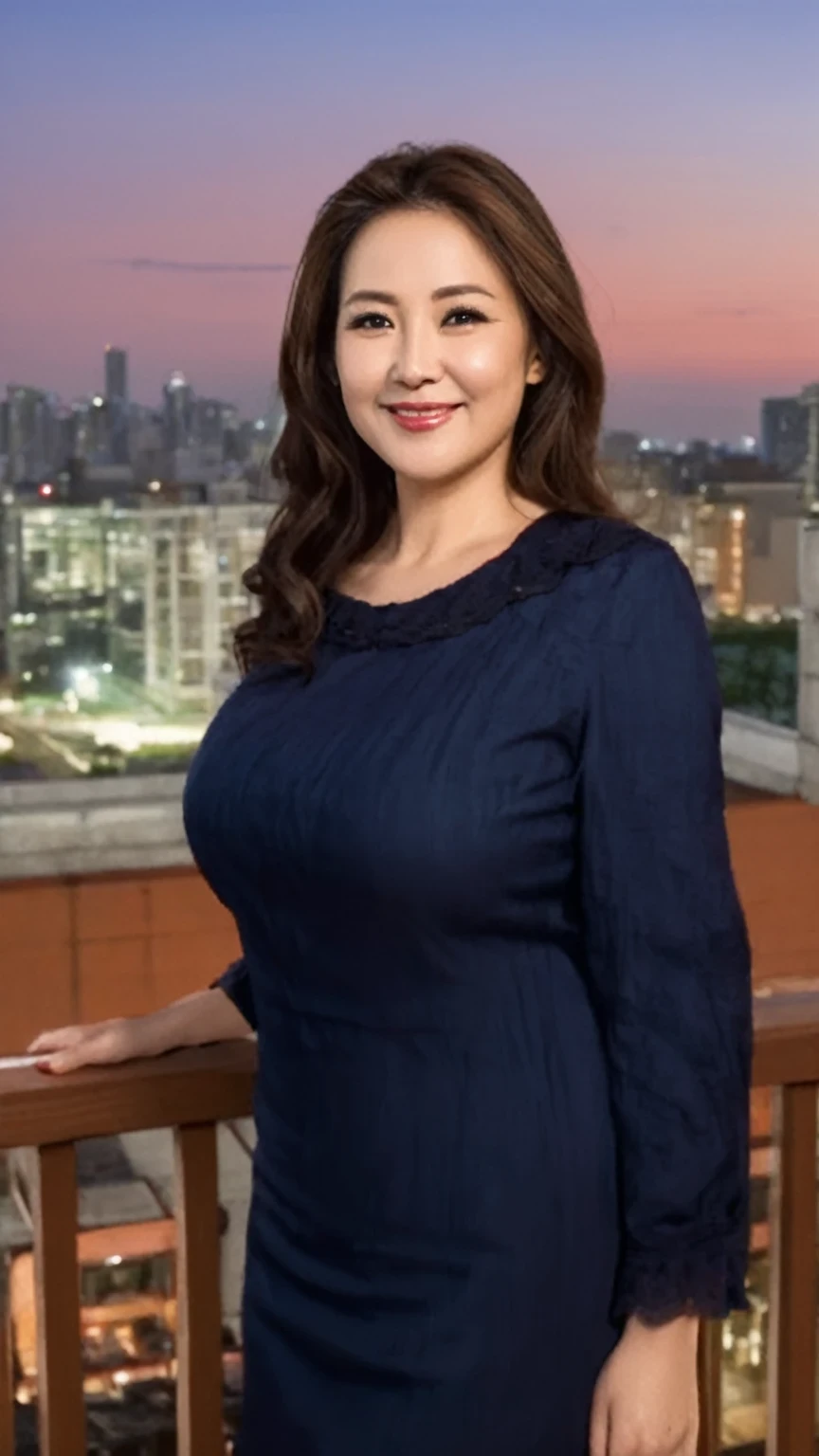 ((Top quality、8K、masterpiece:1.3))、Sharp focus, High level of image quality, High resolution，,shirt，，jeans，37-year-old female，Long wavy hair，Mature，Charming smile，Draw lips correctly, Standing，a little fat，Rooftop evening background，full-body shot，Laser effect, artistic treatment