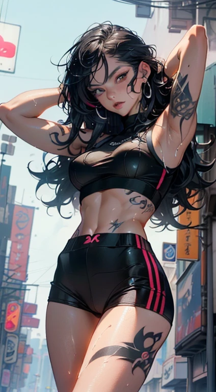 girl sporty,((attractive and muscular girl)),(tomboy),
(large breasts:1.4),saggy breasts,(((black hair:1.35,curly hair, disheveled hair:1.3,very long hair:1.4,colored inner hair,ear breathing))),((heterochromia:1.5, (orange_eye and red_eye))),intricate eyes,beautiful detailed eyes,symmetrical eyes,(((lustrous skin:1.5,bright skin: 1.5,skin tanned,shiny skin,very shiny skin,shiny body,plastic glitter skin,exaggerated shiny skin,illuminated skin, wet legs))),(spider lower abdomen,narrow waist,wide hip,athletic body,inflated legs,detailed body),(((muscle legs,muscular thighs,muscular girl,strong and muscular,bodybuilder,strong body,muscular,feminine and muscular,ABS))),(detailed face),(((tattoos:1.5))),
cute,slutty,seductive,erotic,(((nsfw))),
zettai ryouiki,((tight sports bra, tight sports panties, ((orange and black clothes)))),((wet clothes,intricate outfit,intricate clothes)),
(dynamic pose:1.0),annoyed,(centered,scale to fit dimensions,Rule of thirds),
cyberpunk city by the ocean at night, with bright neon signs and dark stormy clouds and puddles, scenery:1.25,nighttime, starry night, cosmos,Very dark night that makes the neon lights stand out, very bright neon lights,
artistic photography,(photography taken by sldr),highres, sharp focus,(ultra detailed, extremely detailed), (photorealistic artwork:1.37),(extremely detailed CG unity 8k wallpaper),((synthwave background theme)),(((vibrant colors))),intricate,(intricate background),(masterpiece),(best quality),perfect rendered face,perfect face details,realistic face,photo realistic,analog style,((intricate detail)),(((realism))),