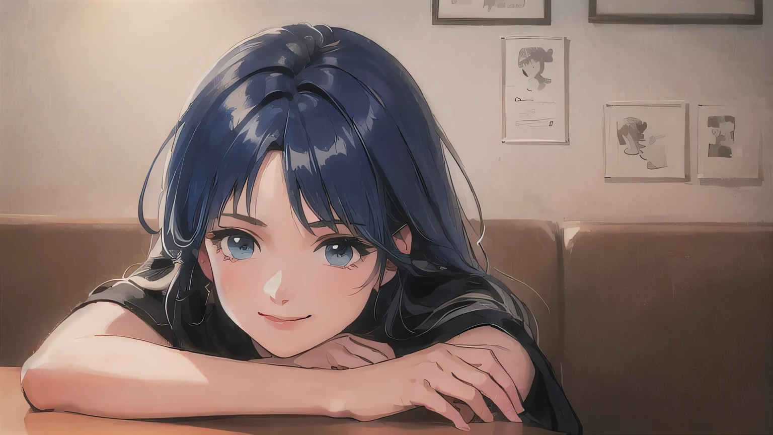 retro artstyle, beautiful, masterpiece, best quality, detailed face, perfect lighting, 1girl, solo,cute ,Mature ,beautiful woman , smile,(closed mouth:1.1) , long blue hair, messy bangs, at the coffee shop, Relaxing