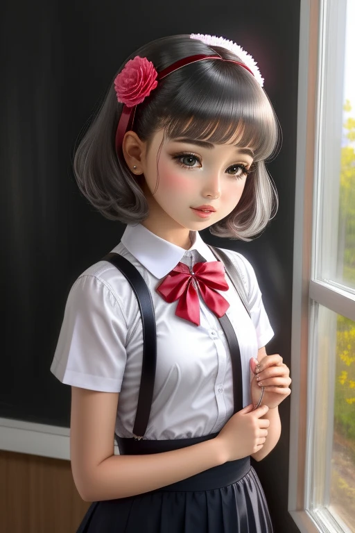 Rojeva has hair, Carnation Ribbon, gray , background school