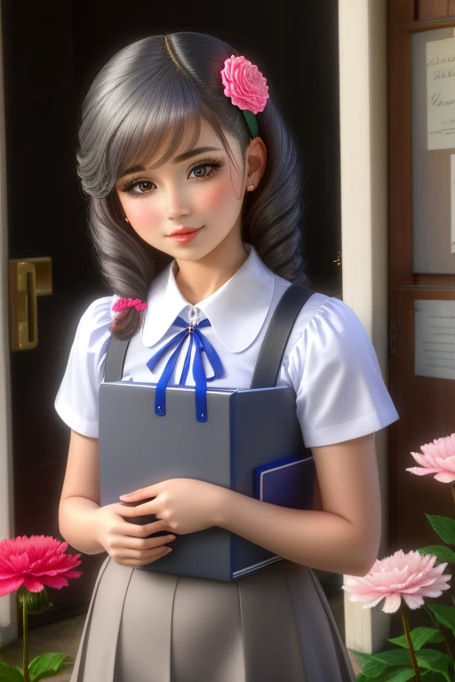 Rojeva has hair, Carnation Ribbon, gray , background school