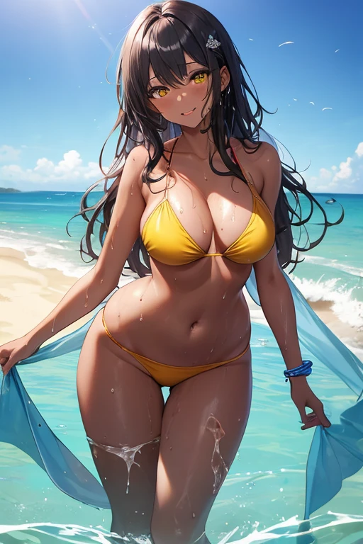 (SLE, mksks style, detailed background:1.1), (alone:1.3), mature, female, ((black skin)), fancy 드레스, long hair, black hair, beautiful hair, eye 위의 머리카락, yellow_eye, voluptuous body, happy, ((exposing voluptuous breasts)),((Clothes get wet)) head tilt,whole body, volumetric lighting, (outdoor:1.3), Beach, fancy, sweat, Warmth