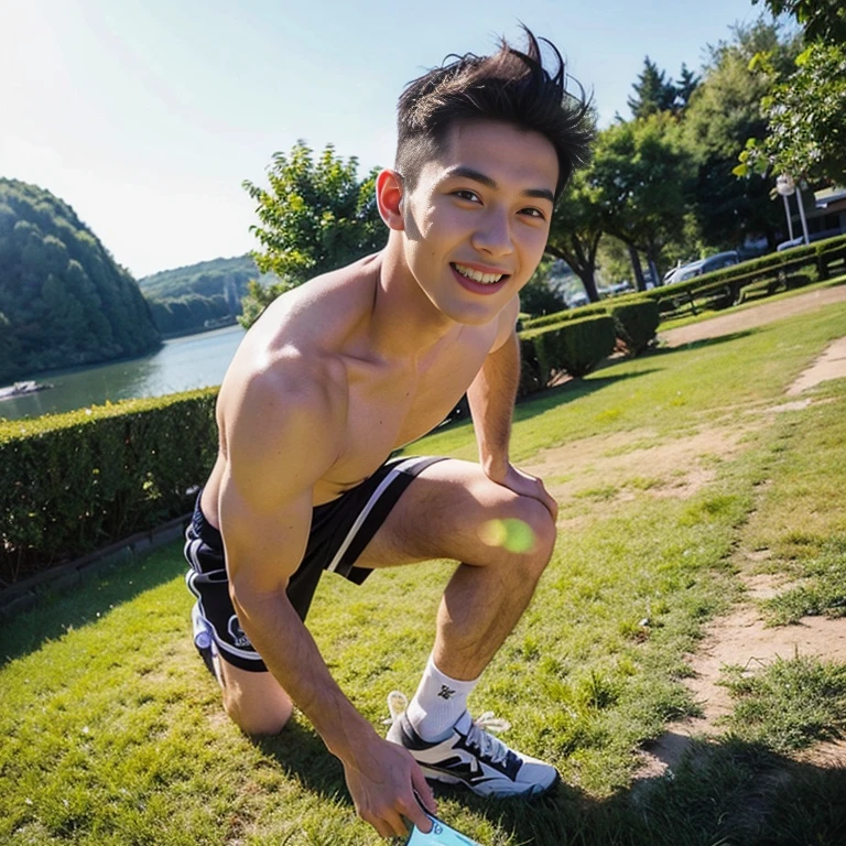 Top quality, ultra high resolution, very detailed, (photorealistic: 1.4), dynamic angle, very handsome, perfect face, model shooting, full body, flying in the sky, naughty 25 years old Japan man, shirtless, soccer socks, soccer pants, selfie, (aegyo sal: 0.2), perfect body, (black shaved side hair: 1), smile, natural light, full length shot(fls). Sexy , eroticism , NSFW , wearing translucent
