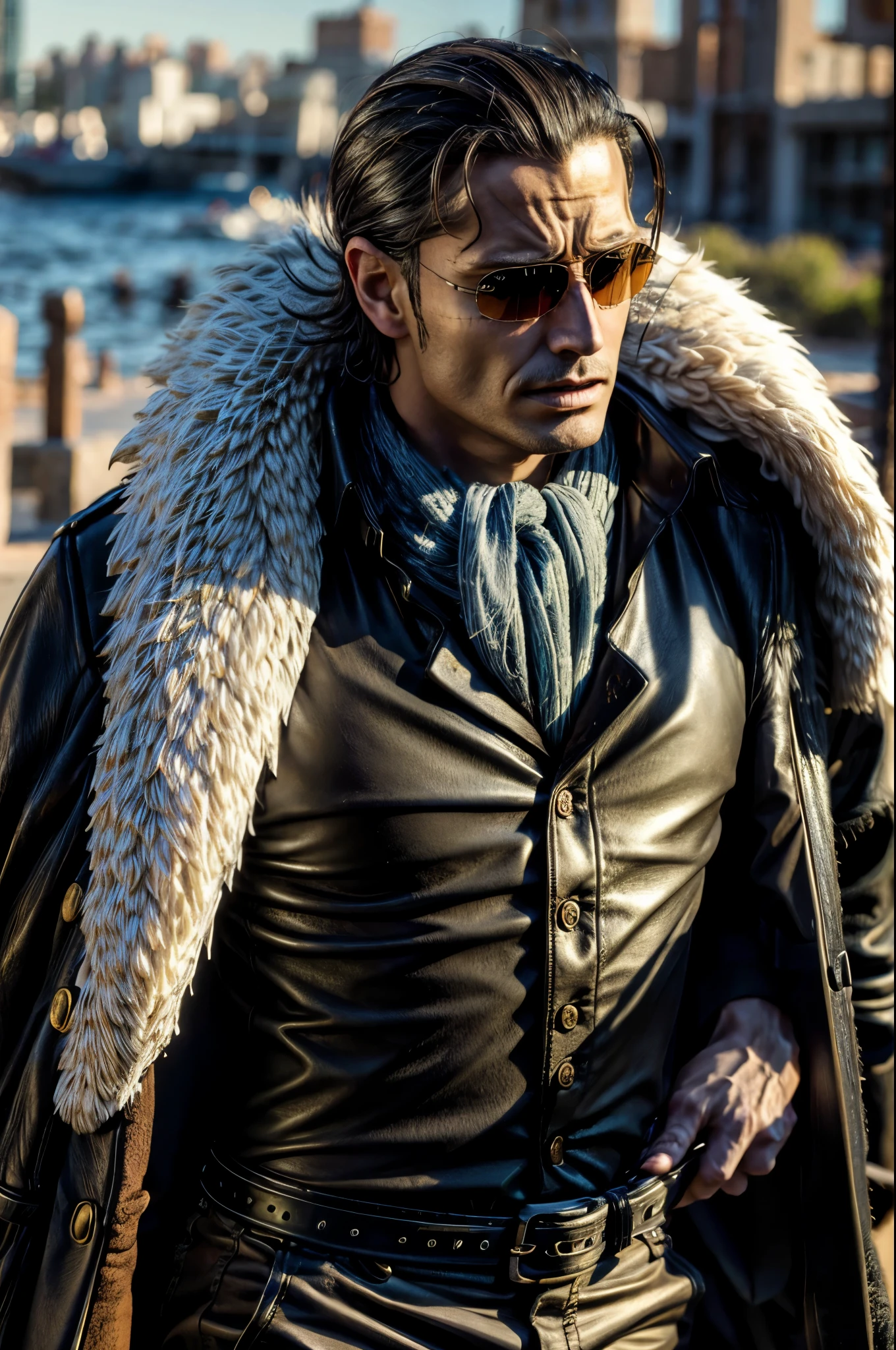 masterpiece, best quality, extremely detailed, hyperrealistic, photorealistic, a cool 40s man, ultra detailed face:1.2, fur-trimmed coat, scarf around the neck, his left hand is a golden pirate hook:1.1, in the sunshine, resort, hotel, sea, sunglass
