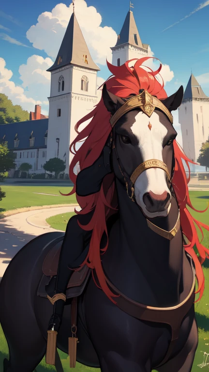 ((best quality)), ((masterpiece)), (detailed), perfect face, queen, castle, red hair, 
riding dragon, long hair, long dress, tall
