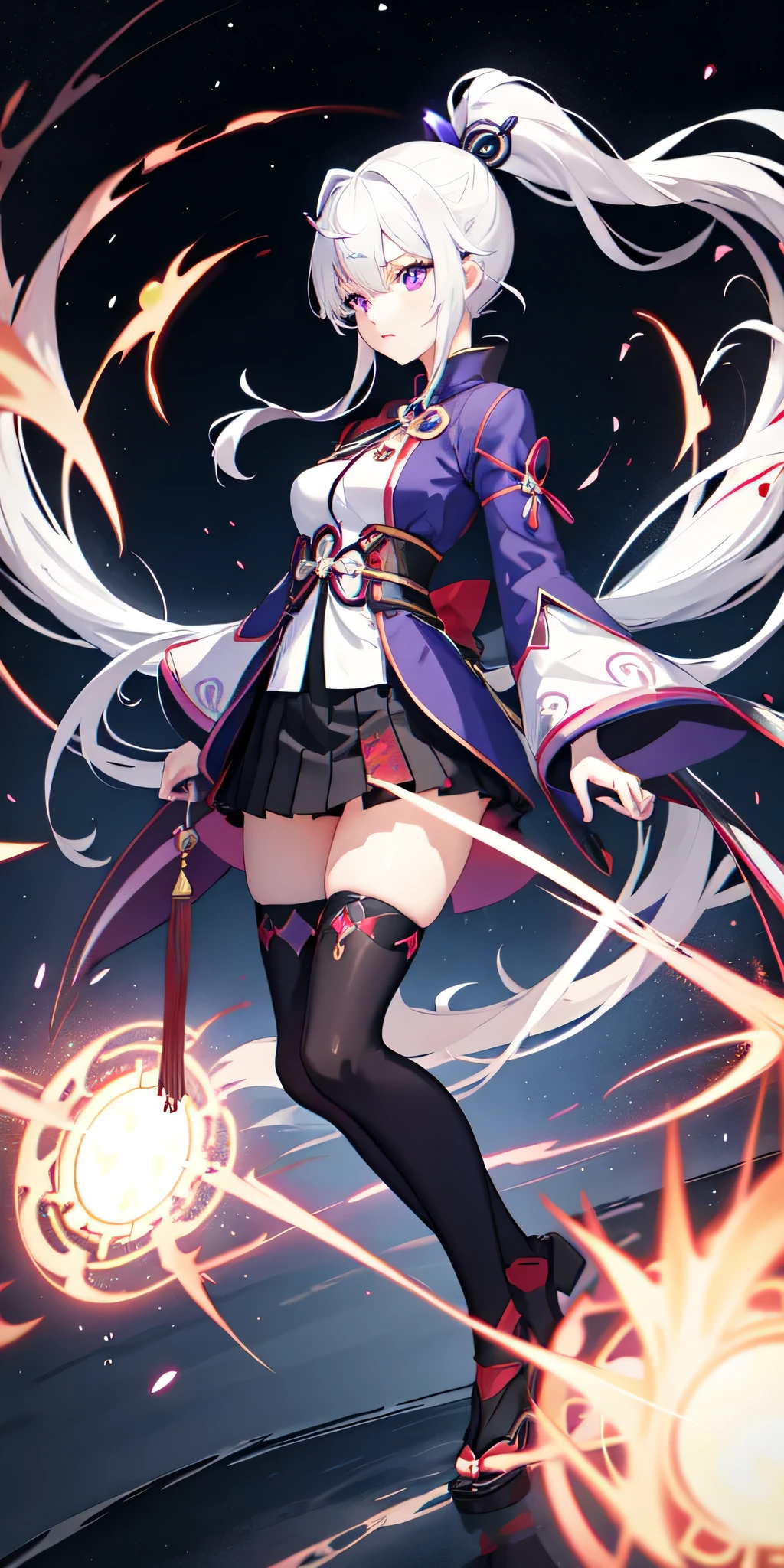 1girl, japanese clothes, ponytail ,white hair, purple eyes, magic circle, blue fire, blue flames, wallpaper, landscape, blood, blood splatter, depth of field, night, light particles, light rays, sidelighting, thighs, fate \(series\), genshin impact, ****, open jacket, skirt, thighhighs, cloud
