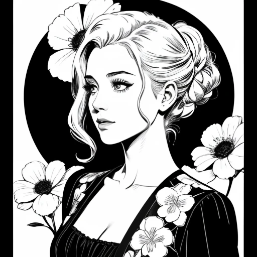 Black and white bar figure 1 Girl with flowers, vecter art, minimalist, high contrast, Many flowers in the background, Wearing a flowered dress, Delicate ink line drawings, Comic book style, Portrait of a Prussian girl, Marilyn Munro, Hollywood highlights, Beautiful line art, black and white Comic book style, Manga Style, Manga art style, Pencil and ink caricature, Black and white coloring