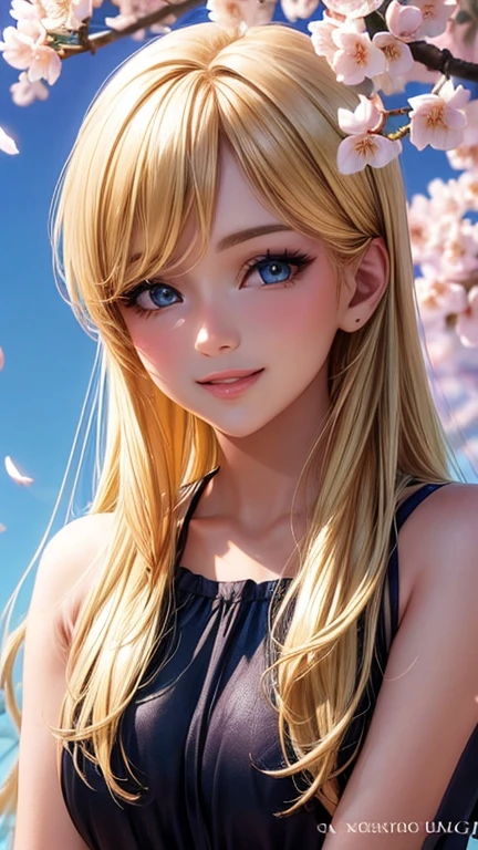 (Best quality,ultra detailed,photorealistic:1.37),bright and rich colors,studio lighting,playful facial expression,stylish makeup,Long blonde hair fluttering in the wind,inviting eyes,glossy lips,sexy pose, cherry blossom, I smile confidently and seductively,posing for a professional photo shoot,shallow depth of field,highlighting the main subject,soft natural lighting,Creating a dreamy and magical atmosphere.