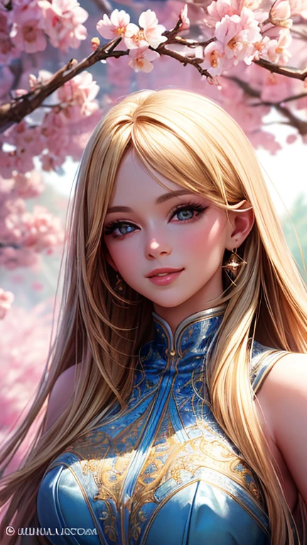 (Best quality,ultra detailed,photorealistic:1.37),bright and rich colors,studio lighting,playful facial expression,stylish makeup,Long blonde hair fluttering in the wind,inviting eyes,glossy lips,sexy pose, cherry blossom, I smile confidently and seductively,posing for a professional photo shoot,shallow depth of field,highlighting the main subject,soft natural lighting,Creating a dreamy and magical atmosphere.