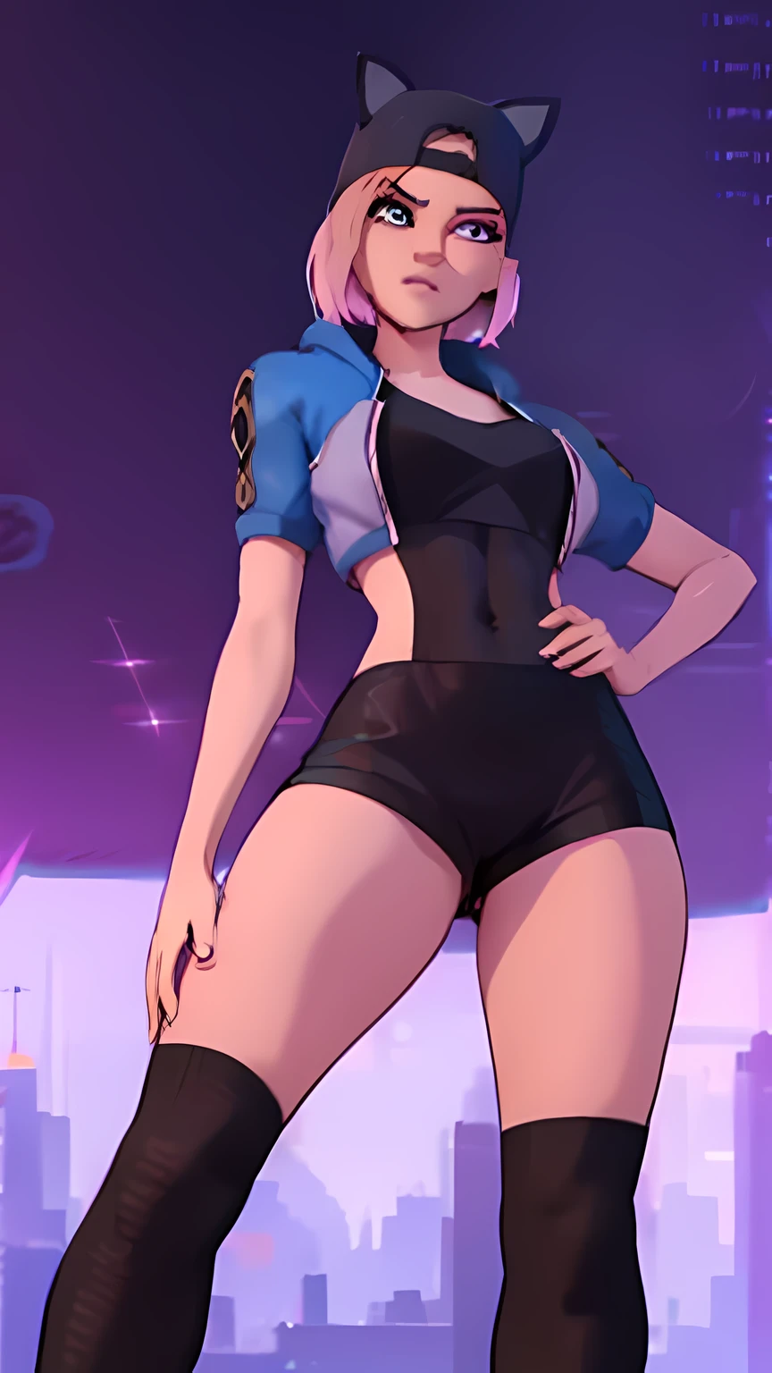 lince Cyberpunk , gorra , shorts negro con leggins Azul Marino, chaqueta azul marino ,Extremadamente detallado, rostro detallado, gafas ,hermoso rostro, ojos finos, mirando al espectador, pose femenino, Noche
