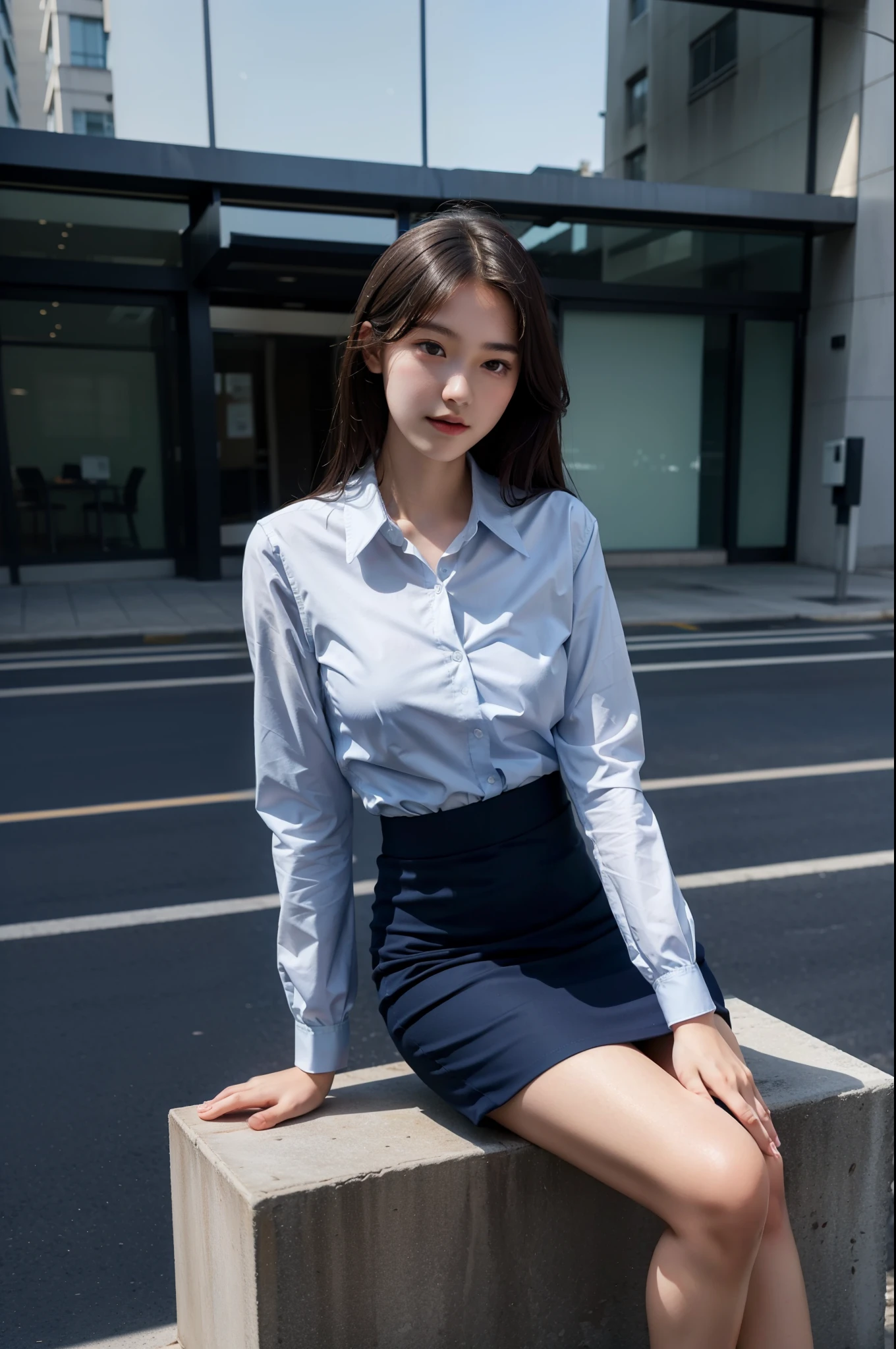 disorganized, RAW photo, very delicate and beautiful, masterpiece, highest quality, ultra high resolution, 32K, surreal, super detailed, perfect anatomy, perfect figure, super dense skin, Highly detailed CG 8k wallpaper, 20&#39;s, very slim body, tight waist, very small head, very small face, delicate facial features, tearful mole, earrings, thin legs, (very huge round breasts:1.2), (full body shot:1.1), (1 girl:1), short hair, (wavy hair:1.1), (blazer:1.1), skirt, (black with collar_shirt:1.), (wet clothes:1.1),