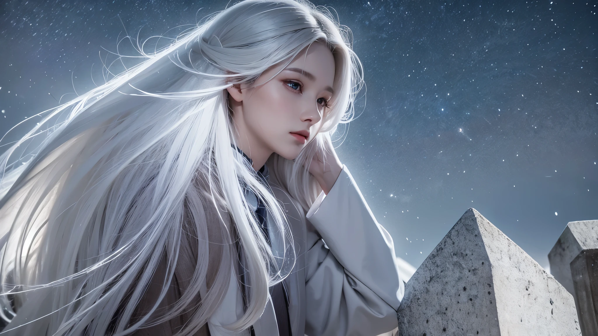 (ultra high definition, 8K, masterpiece: 1.3) ((long gray hair)), long hair ((pale skin)), wore white robes, Beautiful woman, I bowed my head in front of the grave., It's raining, dinner, profile, touch the headstone, sad expression, moon in the sky