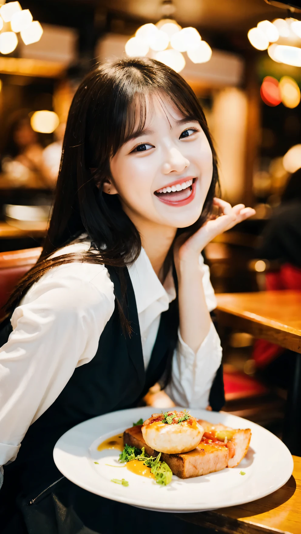 (Raw photo, highest quality), (8K, highest quality, masterpiece: 1.2), Super detailed, super resolution, beautiful girl, at a restaurant, (great laugh), (open your mouth:1.1),