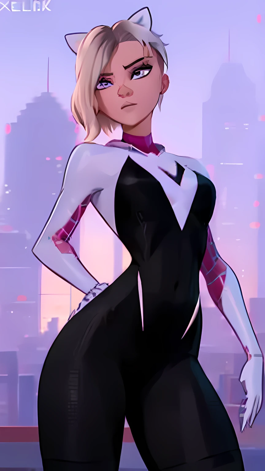 lince Cyberpunk , traje de spider Gwen ,Extremadamente detallado, rostro detallado, gafas ,hermoso rostro, ojos finos, mirando al espectador, pose fe******, Noche 