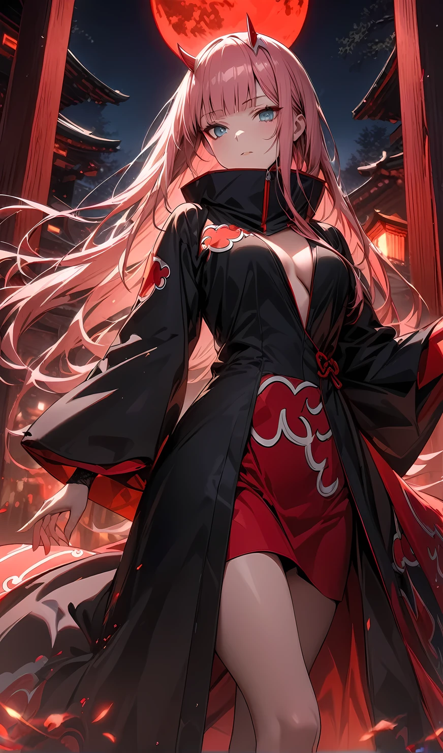 Zero Two,(masterpiece), (best quality), ultra high res, professional artwork, ultra detailed, intricate, detailed face, perfect lighting, 1girl, (AKATSUKI OUTFIT:1.3), ninja, black cloak, black coat, high collar, collarbone, head, night, night sky, crescent moon, red moon, outdoors, (cowboy shot, far shot), blunt bangs, long hair,highly detailed face, highly detailed background,full body