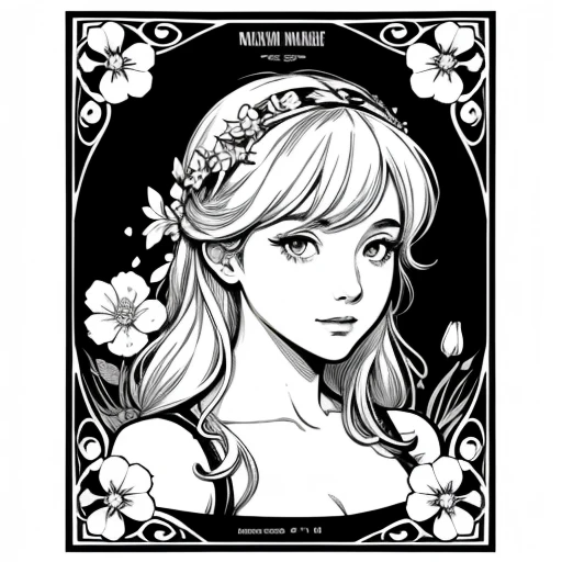 Black and white bar figure 1 Girl with flowers, vecter art, minimalist, high contrast, Many flowers in the background, Alphonse Mucha style, Picture Frame, Wearing a flowered dress, Delicate ink line drawings, Comic book style, Portrait of a Prussian girl, Marilyn Munro, Hollywood highlights, Beautiful line art, black and white Comic book style, Manga Style, Manga art style, Pencil and ink caricature, Black and white coloring